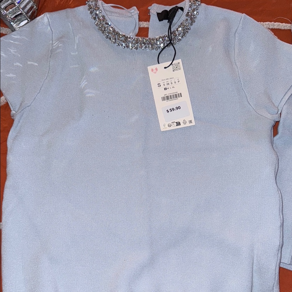 Zara Blue Embellished 3/4 Sleeve Blouse